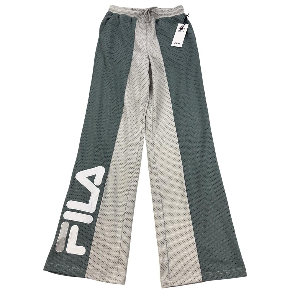 FILA Lucinda Wide Leg Jogger Pants Womens Small Green Gray Mesh Logo Colorblock